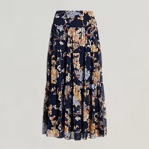 Ralph Lauren Floral Crinkle Georgette Tiered Maxi Midi Skirt Navy Cream Size 00 - Picture 1 of 16